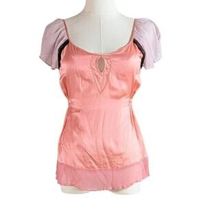 Vintage Pink Silk Keyhole Top Coquette Romantic Puff Sleeves Small